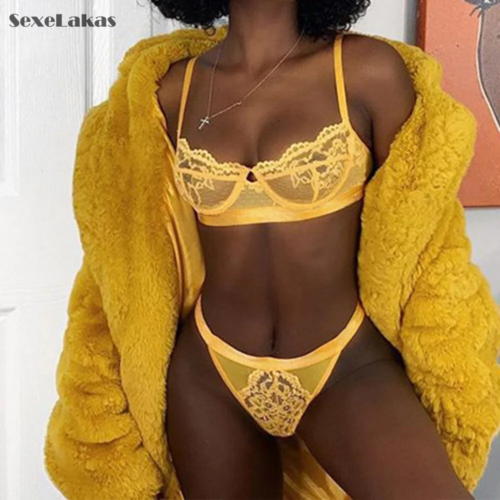 Billionm Sensual Women Sexy Underwear Set See Through Lace Floral Lingerie Transparent Pink Bra Briefs Femme Lenceria Bralette Underpants