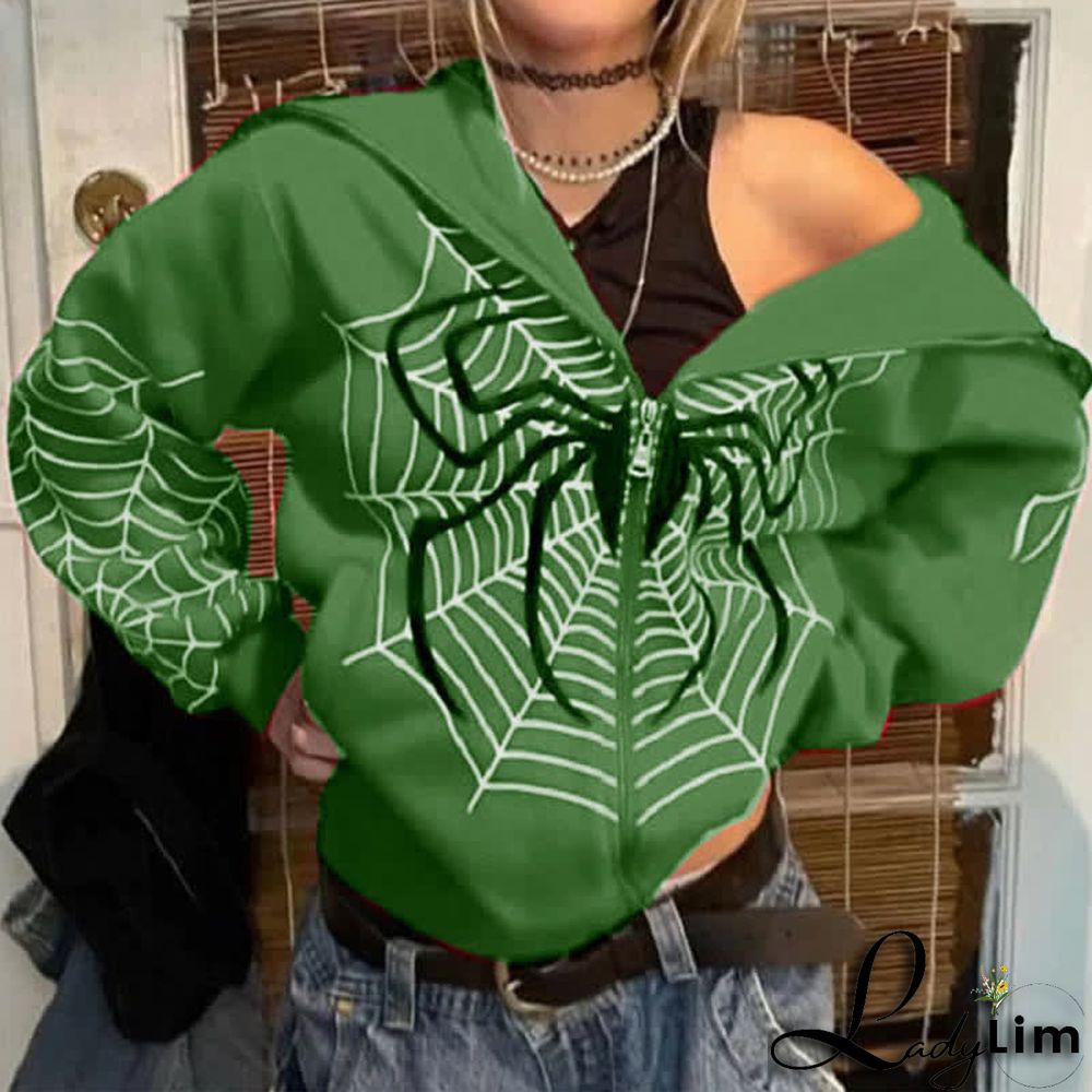 Dark Spider Web Print Full Zip Hooded Sweatshirt