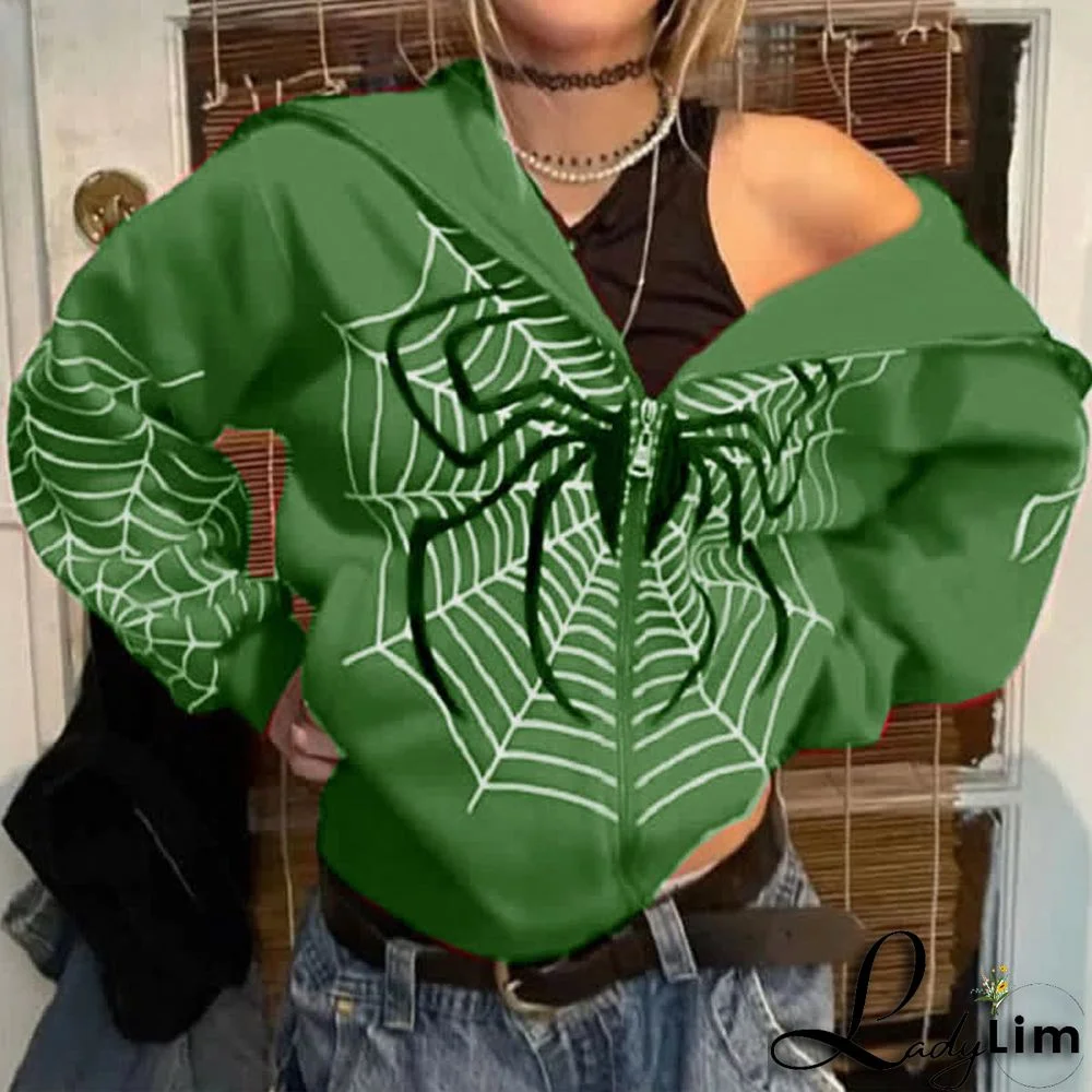 Dark Spider Web Print Full Zip Hooded Sweatshirt