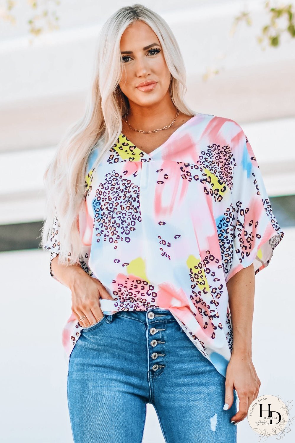 Whimsical Watercolor Animal Print V-Neck Blouse