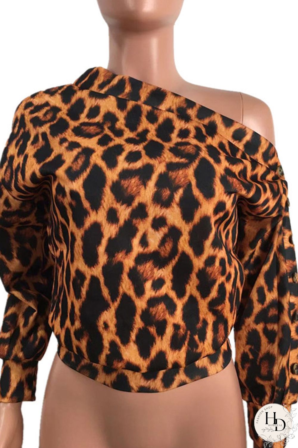 Black One Shoulder Collar Print Polyester Print Long Sleeve
