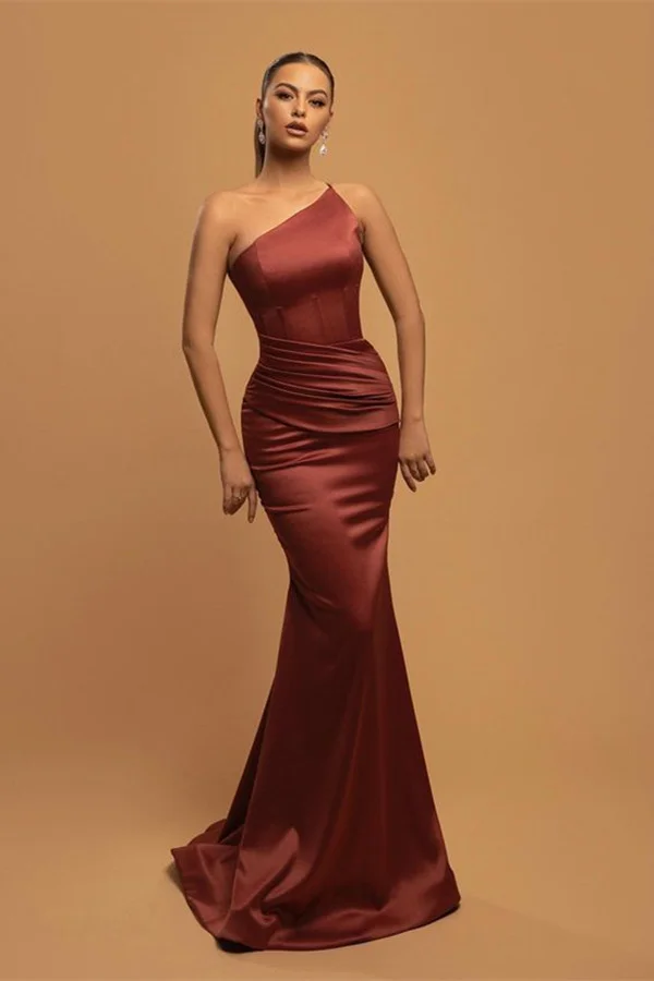 Bellasprom Cabernet One Shoulder Evening Dress Long Mermaid With Pleats Bellasprom