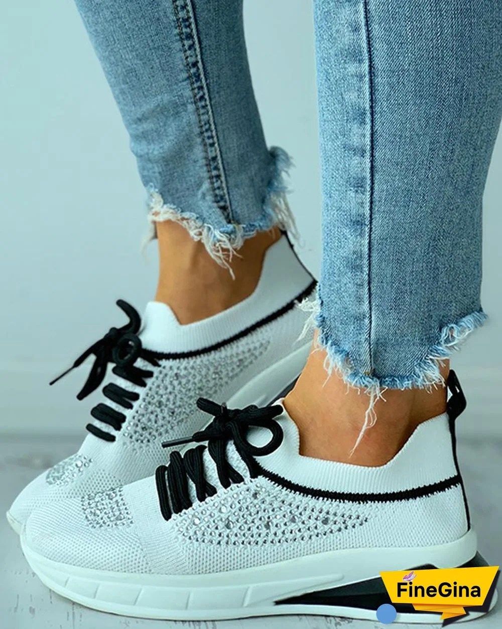 Knit Studded Lace-up Colorblock Sneakers