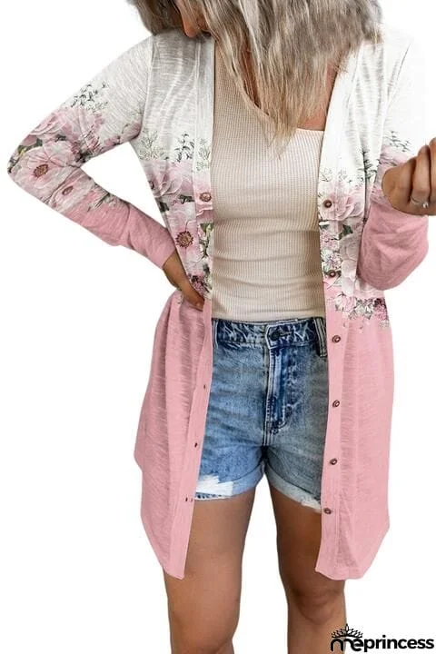 Printed Button Up Long Sleeve Cardigan