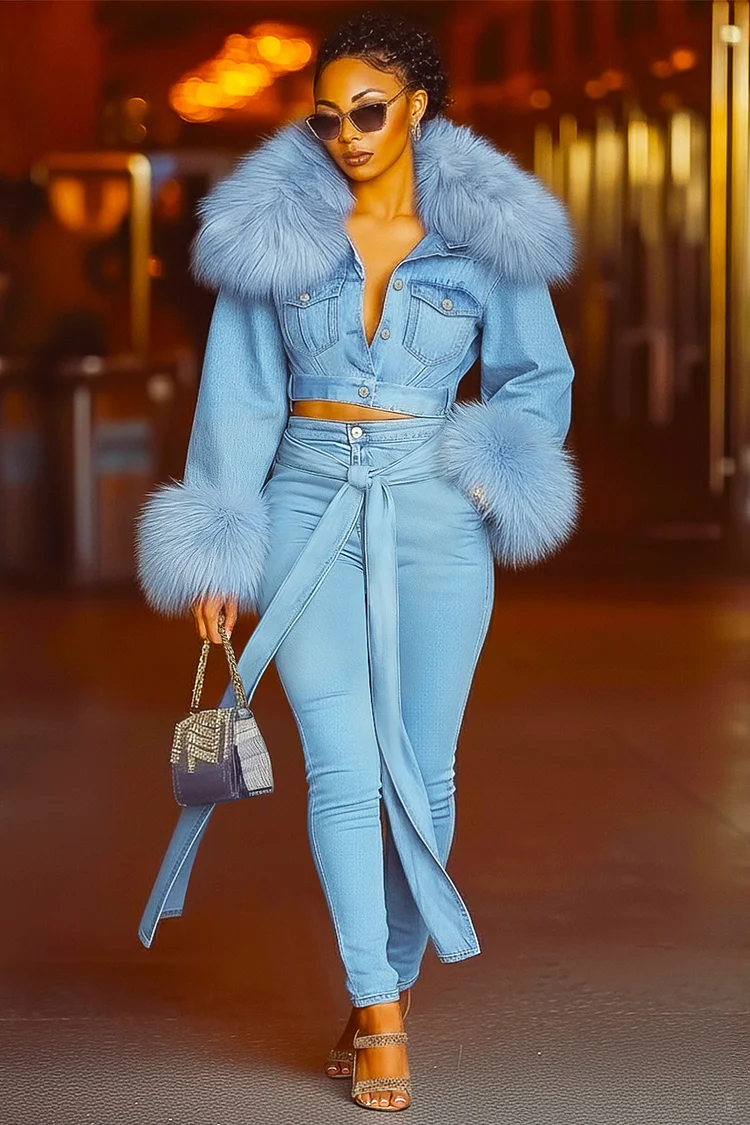 Denim Panel Fuzzy Crop Jacket Sash Leggings Pants 2pcs Set-Blue [Pre Order]