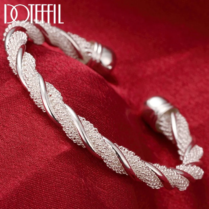 DOTEFFIL 925 Silver Sterling For Women Man Mesh Wide Braided Bracelet Bangle Chain Wristband Jewelry 