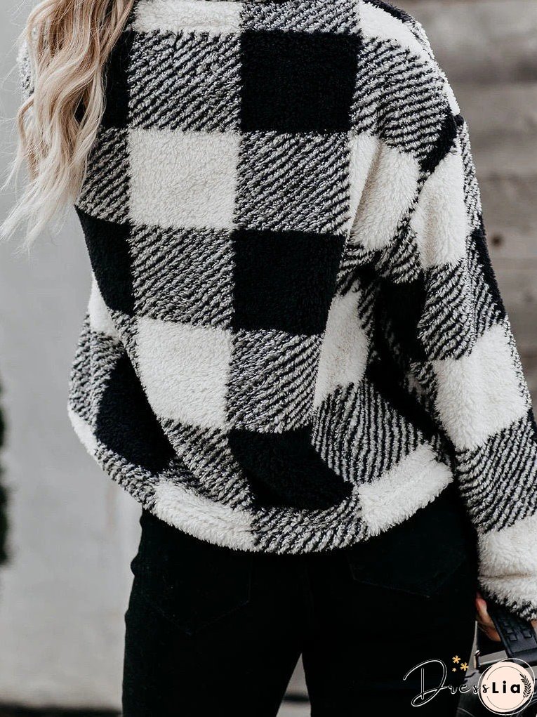 Women's Hoodies Thick Stand Collar Plaid Long Sleeve Hoodie