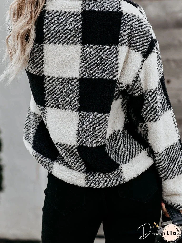 Women's Hoodies Thick Stand Collar Plaid Long Sleeve Hoodie