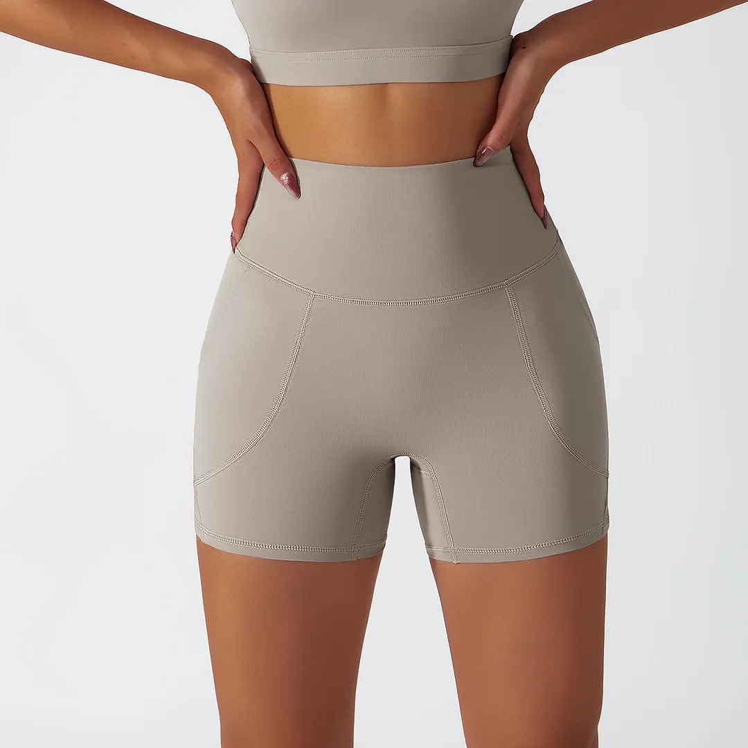 Hergymclothing Oat Milk high rise no camel toe squat proof tummy control comfort lightweight buttery soft hot yoga shorts womens online shopping