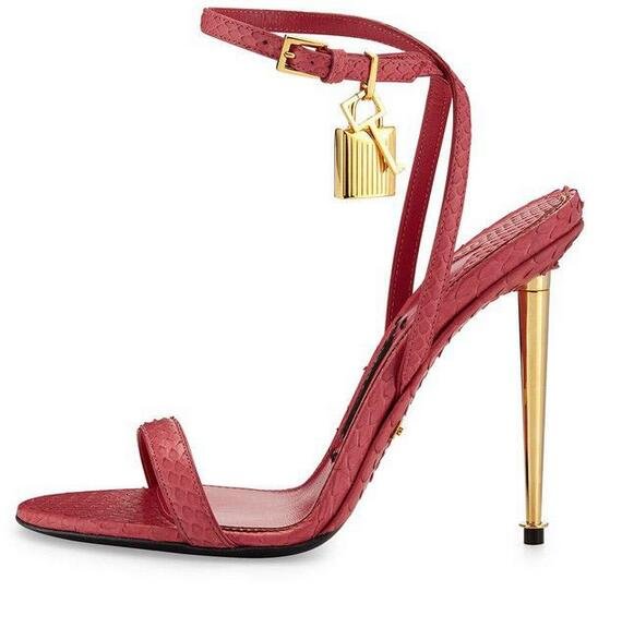 Sexy Gold Padlock High Heels Sandals Thin Single Strap Metal Stiletto Sandals Gold Heel Shoes Metal Decoration Pumps Black Red