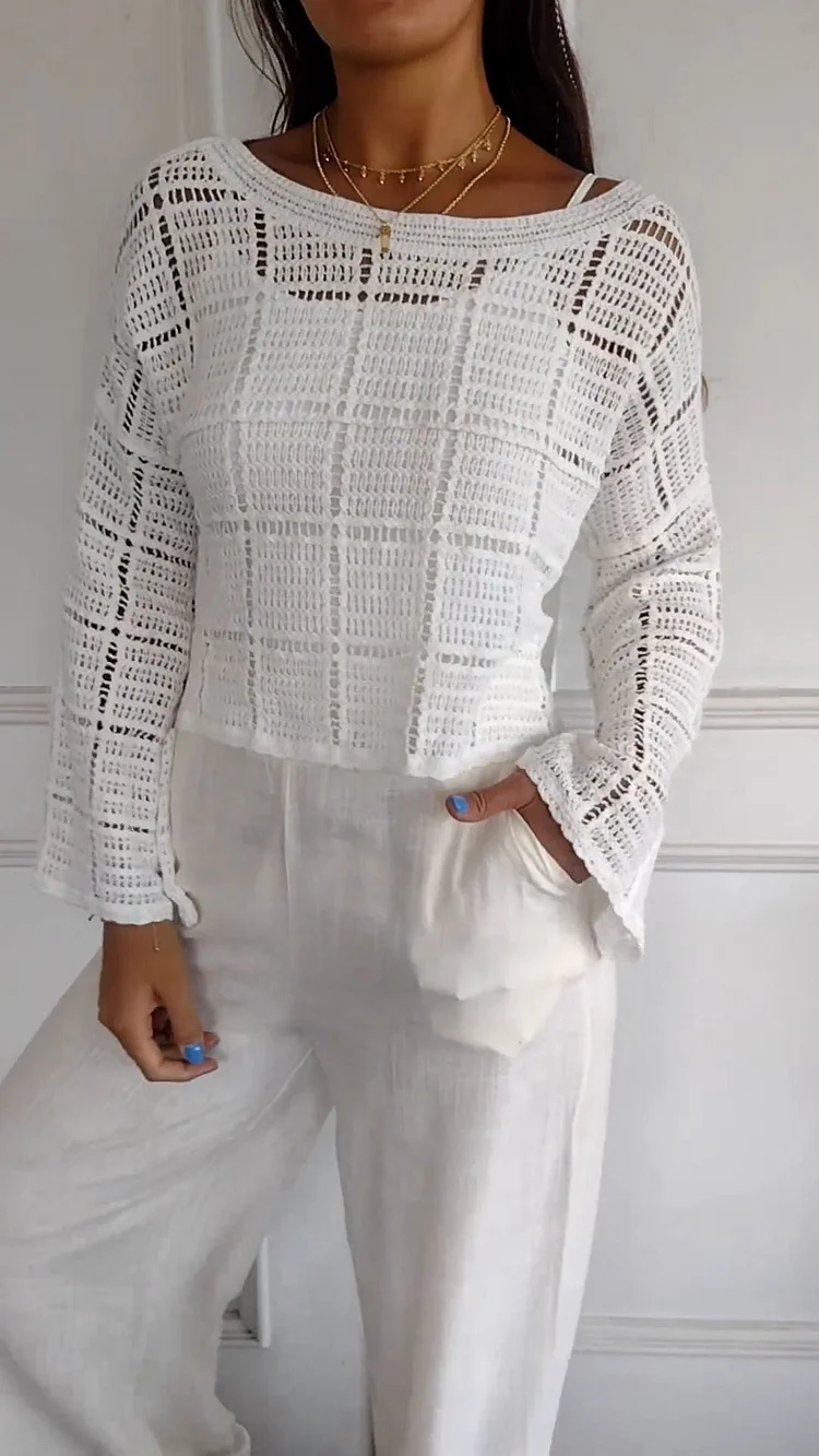 White Hollow Top with Round Neck