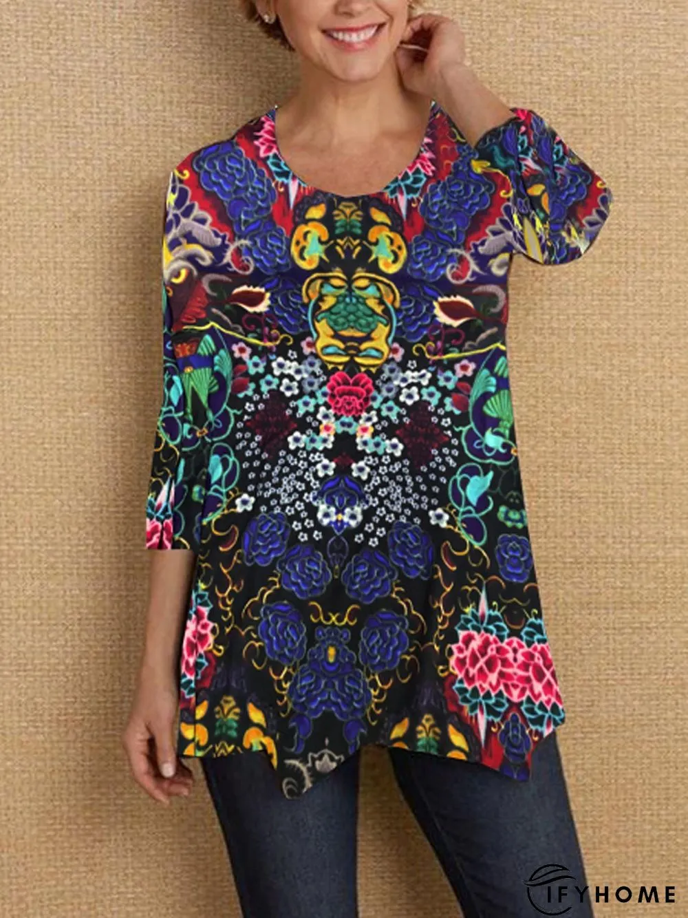 Abstract Crew Neck Vintage Printed Blouse | IFYHOME