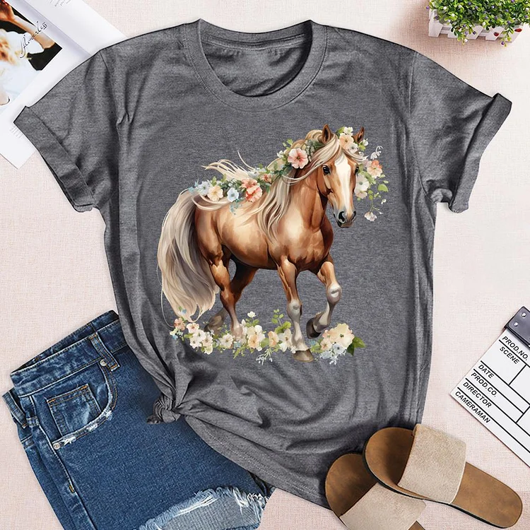 Farm horses and flowers Round Neck T-shirt-0024857