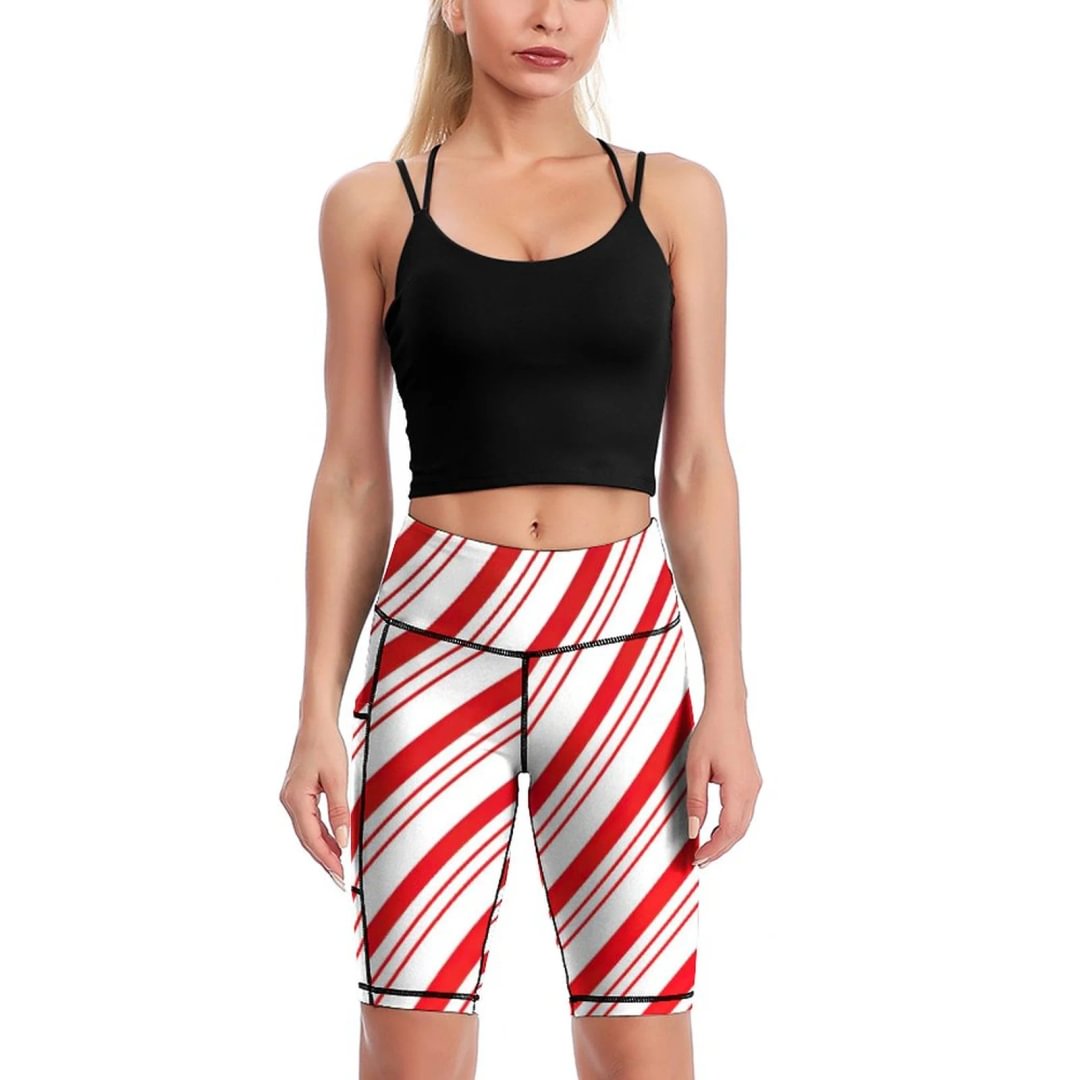 Peppermint Candy Cane Knee-Length Yoga Shorts Womens High Waist Running Biker Shorts with Side Pockets