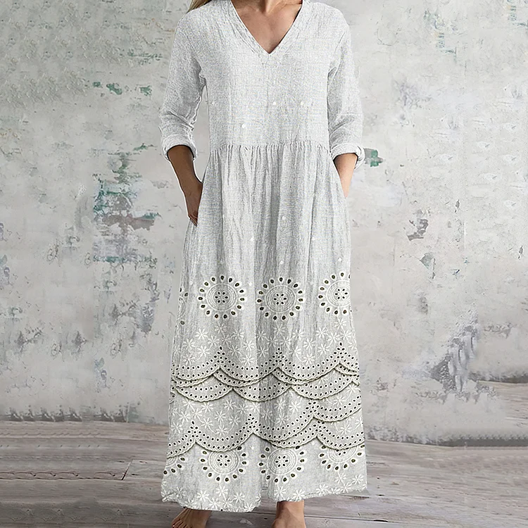 Women's Vintage Floral Embroidered Lace Art Cozy Linen Dress