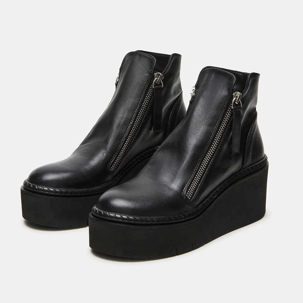 Black Round Toe Wedge Heel Platform Short Booties with Zipper