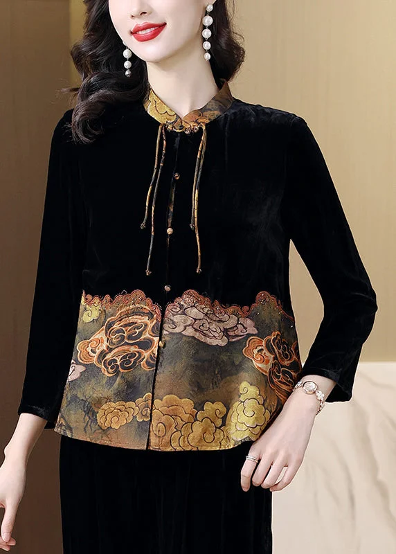 Chinese Style Black Stand Collar Print Patchwork Silk Velour Jackets Spring