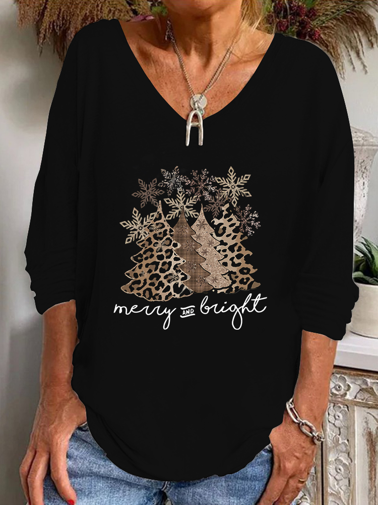 Casual V-neck long-sleeved loose pullover personalized Christmas tree print women's T-shirt