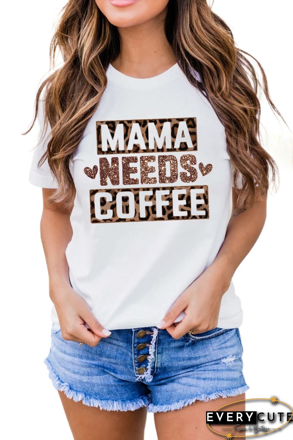 White Letter Leopard Sequin Print Short Sleeve T-shirt