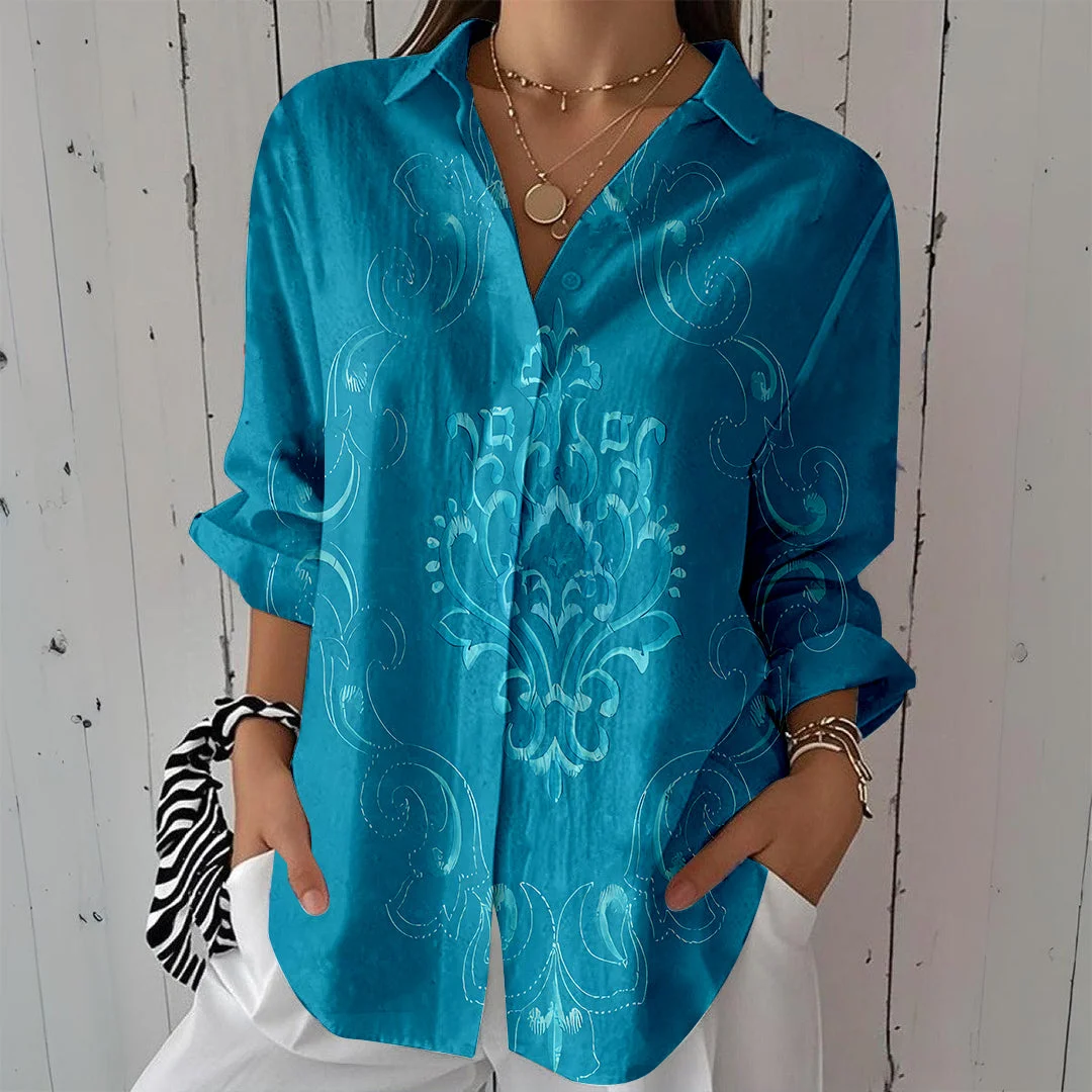 Style & Comfort for Mature Women Women Bohemian, Retro, Turquoise DZCL0449 3/4 Sleeve Shirt Collar Printed Button Tops