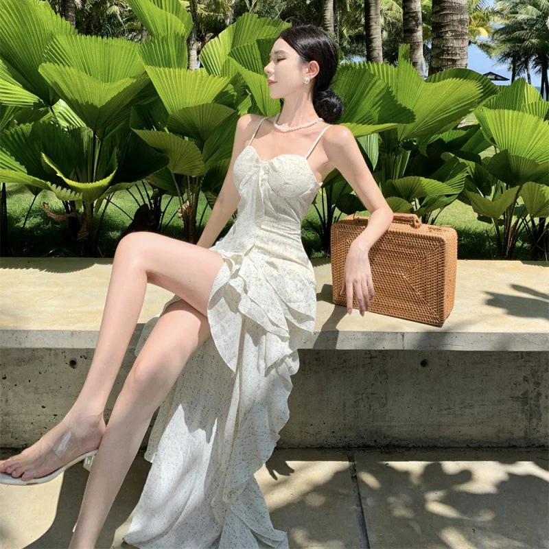 Cartoonh Cartoonh Dress Vertical Cut Irregular Level Sense Flounce Sexy Halter Dress