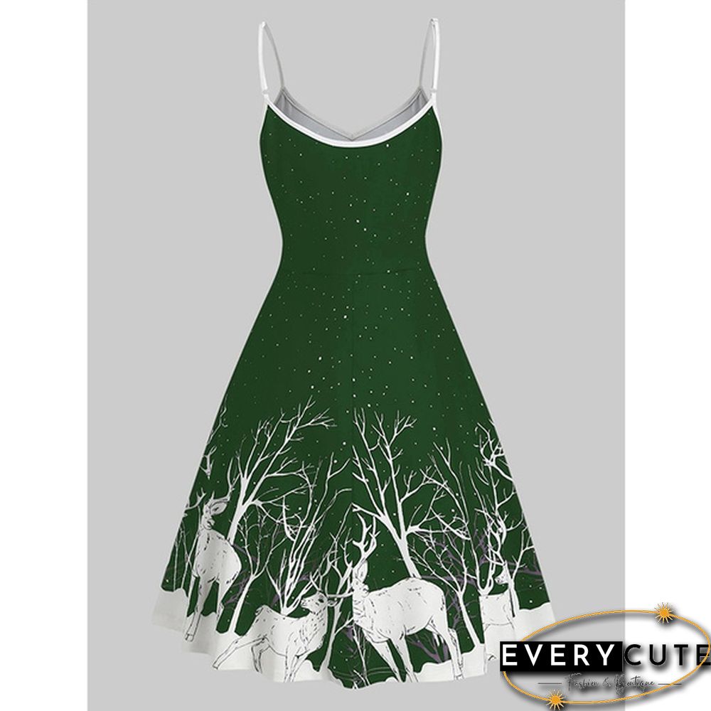 Christmas Print Sequin Patchwork Sleeveless Dress Santa Xmas Deer Skater Party Dresses