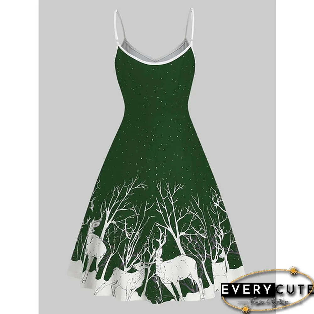 Christmas Print Sequin Patchwork Sleeveless Dress Santa Xmas Deer Skater Party Dresses