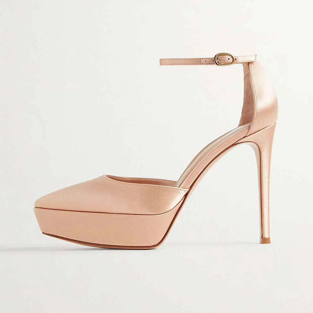 Beige Satin Closed Pointed Toe Ankle Strappy Platform Pumps With Stiletto Heels Nicepairs