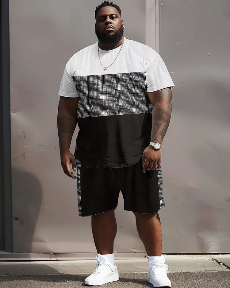 Men's Plus Size Casual Simple Plaid Patchwork Printed T-Shirt Shorts Suit