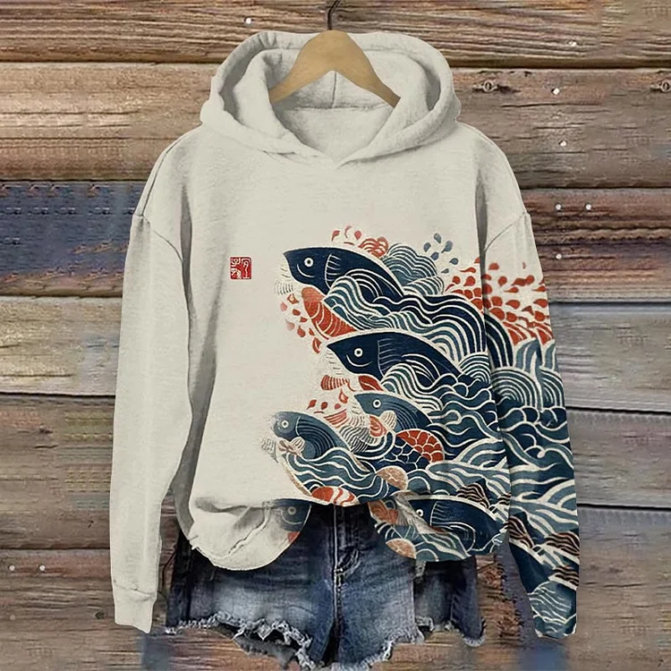 saracool Japanese Art Carp Print Casual Long Sleeve Hoodie