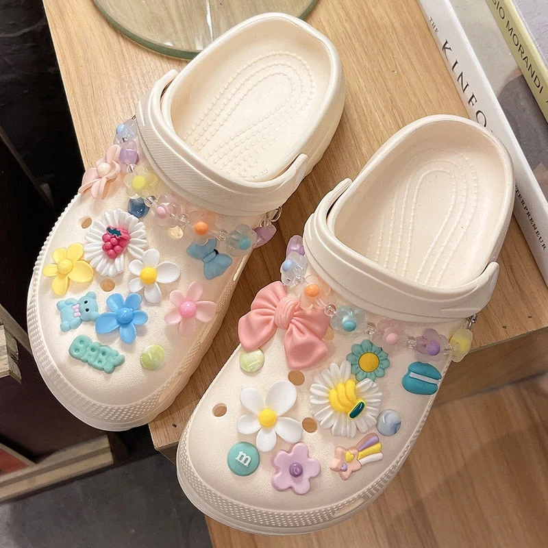 Summer Women Slippers Shoes With Charms Jewelry Garden Shoes Wedges Platform Sandals Antiskid Female Clogs Flip Flops For Woman