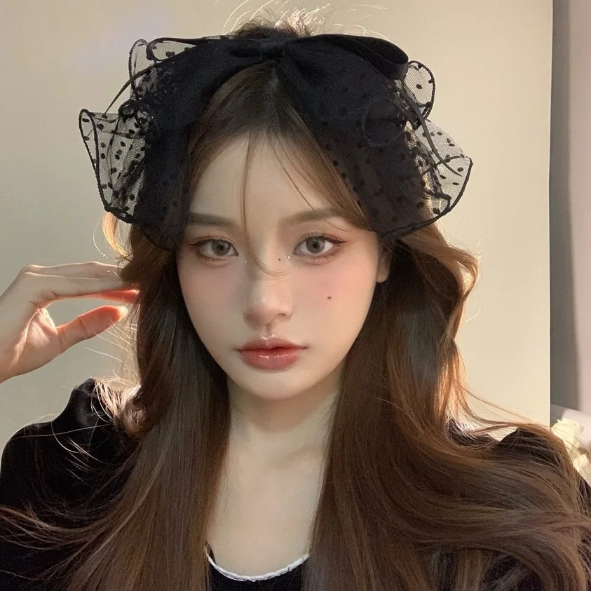 Elegant Dot Lace Chiffon Big Bow Sweet Headband BE267