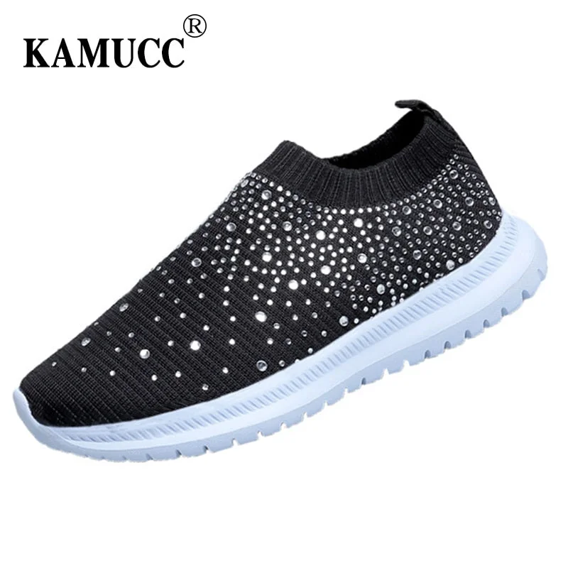 New Ladies Sneakers for Women Bling Crystal Fashion Shoes Casual Slip on Sock Trainers Woman Vulcanize Shoe Sport Mesh Flats