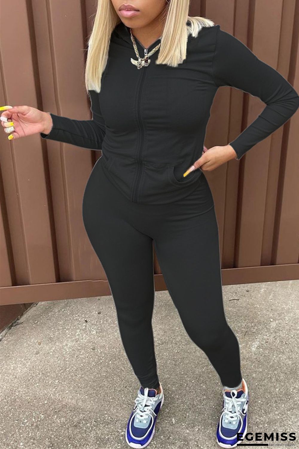 Black Fashion Casual Solid Basic Hooded Collar Long Sleeve Two Pieces | EGEMISS