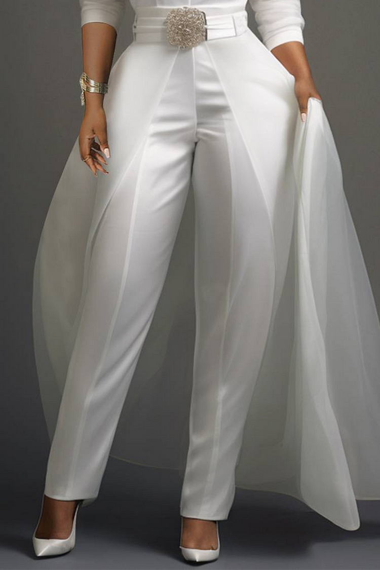 Xpluswear Design Plus Size Wedding Organza White Elegant V Neck 3/4 Sleeve Detachable Overskirt Pocket Satin Jumpsuits