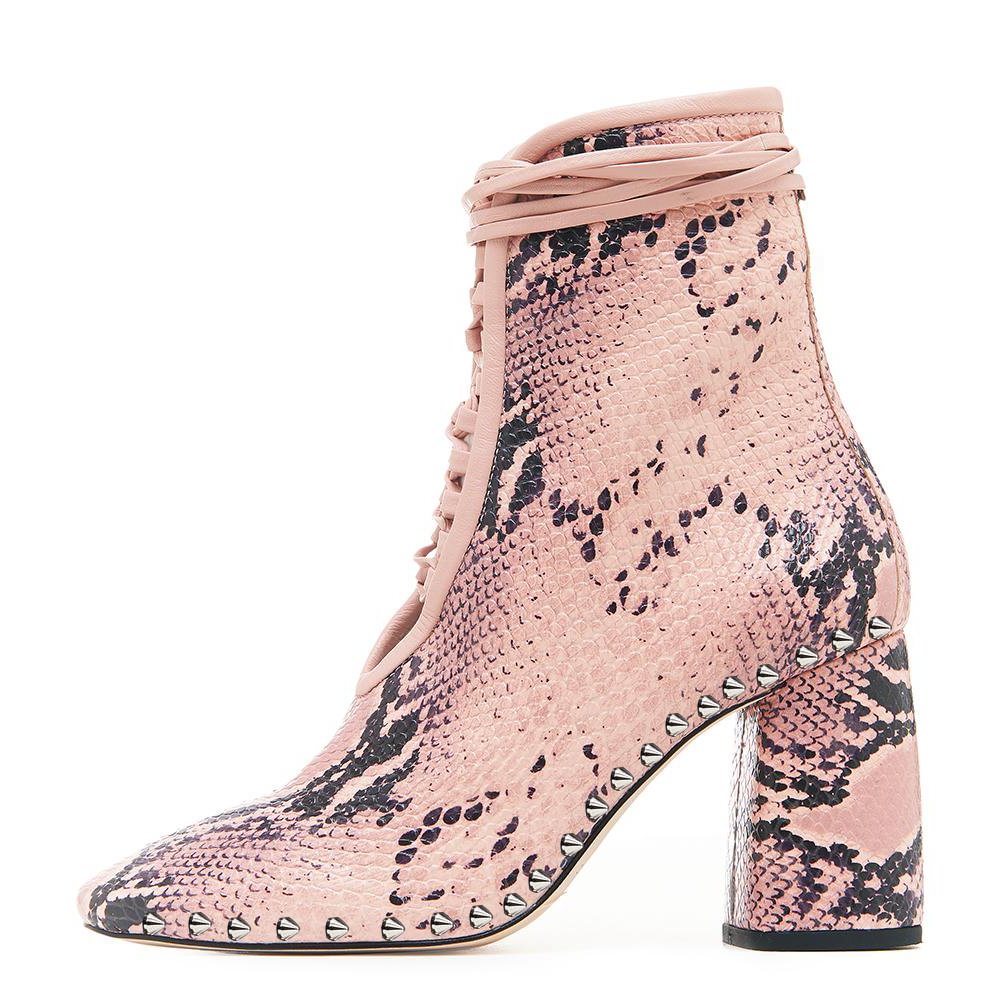 Pink Snake Texture Ankle Boots Pointed Toe Lace Up Chunky Heel Boots Nicepairs