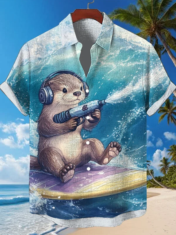 Men's A Cute Otter Sitting On A Surfboard Wearing Headphones Print Short Sleeve Shirt