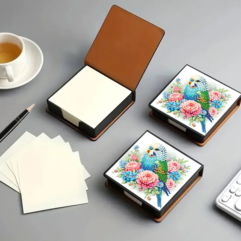 DIY Flower Parrot Leather Diamond Art Note Box with 160 Sheets of Paper for Beginners