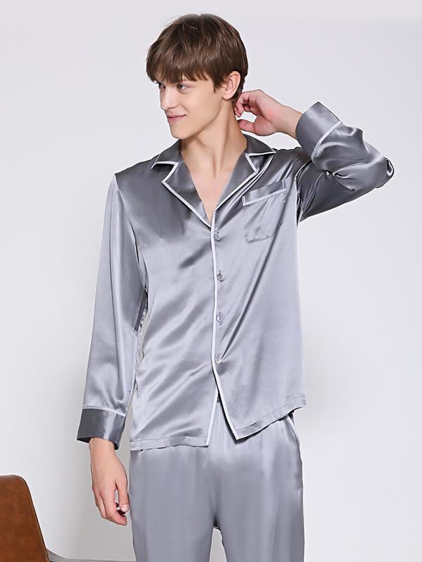 22 MOMME Pyjama en soie gris classique à manches longues de luxe homme 2