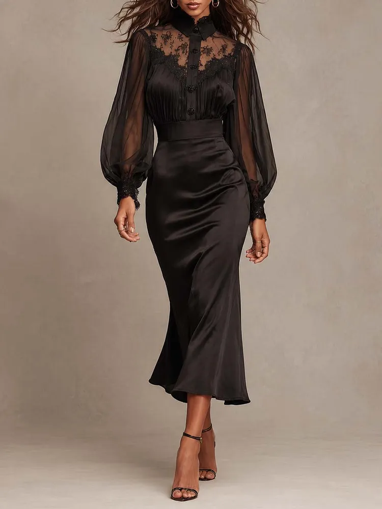 Elegant Gothic Vintage Lace Mesh Puff Long Sleeve Satin Mermaid Midi Dress