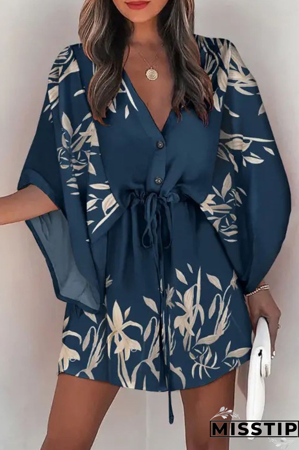 Tibetan Blue Fashion Casual Print Patchwork V Neck Dresses