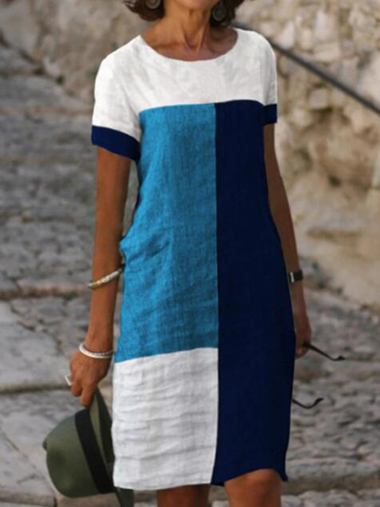 Fashion Pullover Casual Vintage Block Short Sleeve  Print Mini Dress