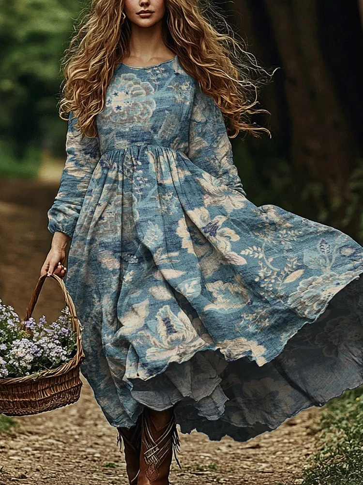 Women's Vintage Floral Print Casual Long Sleeve Dress