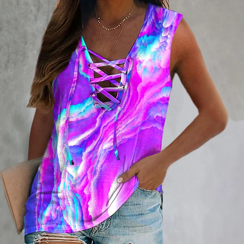 Color Print Lace Up Women's Sleeveless Vest