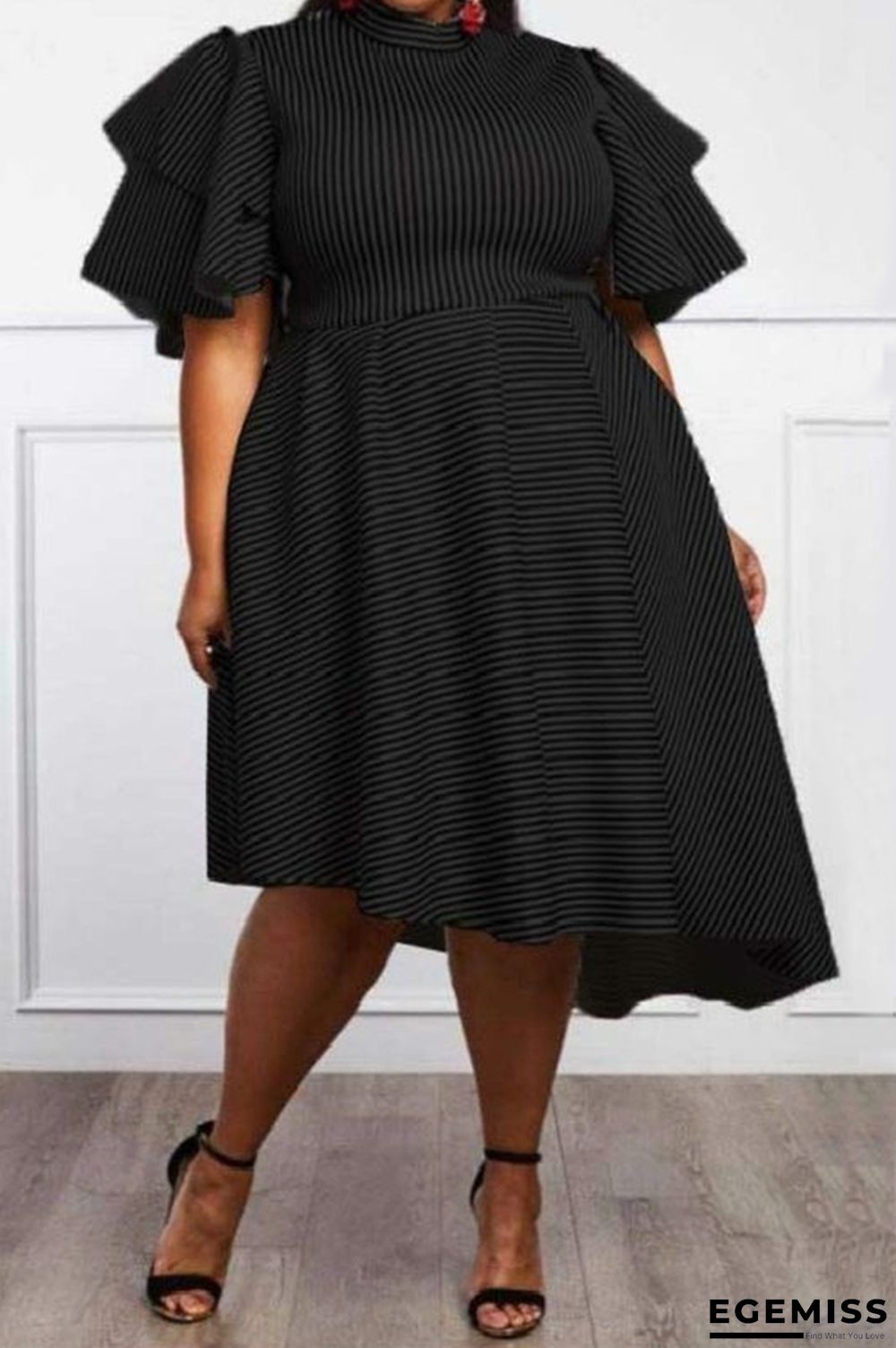 Black Casual Flounce Design Loose Knee Length Dress | EGEMISS