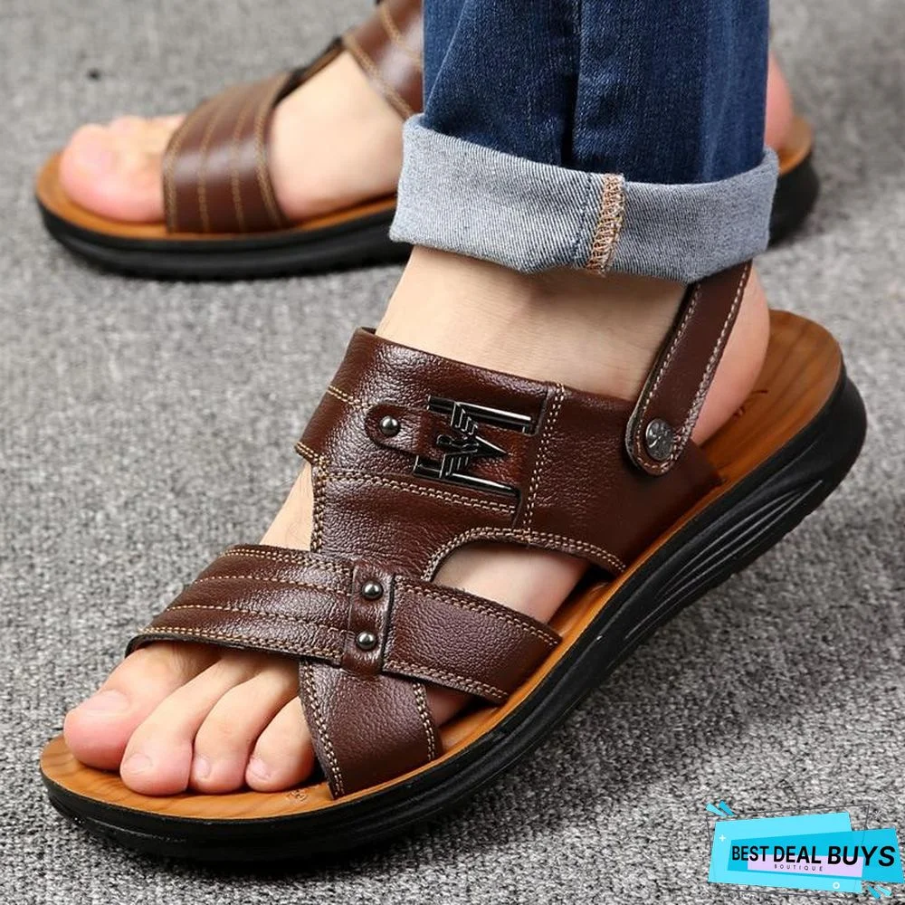 Men's Pu Leather Sandals Non-Slip Casual Beach Flats Flip Flops Sandal Shoes