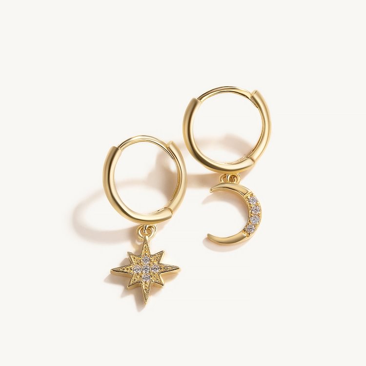925 Sterling Silver Star Moon Asymmetric Dangle Hoop Earrings