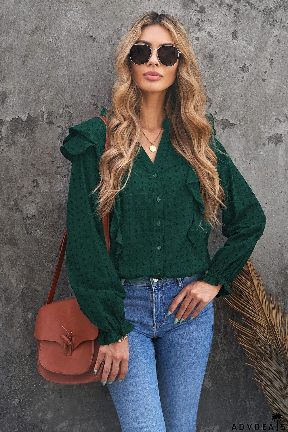 Dotted Texture Sheer Ruffles Bubble Sleeves Shirt