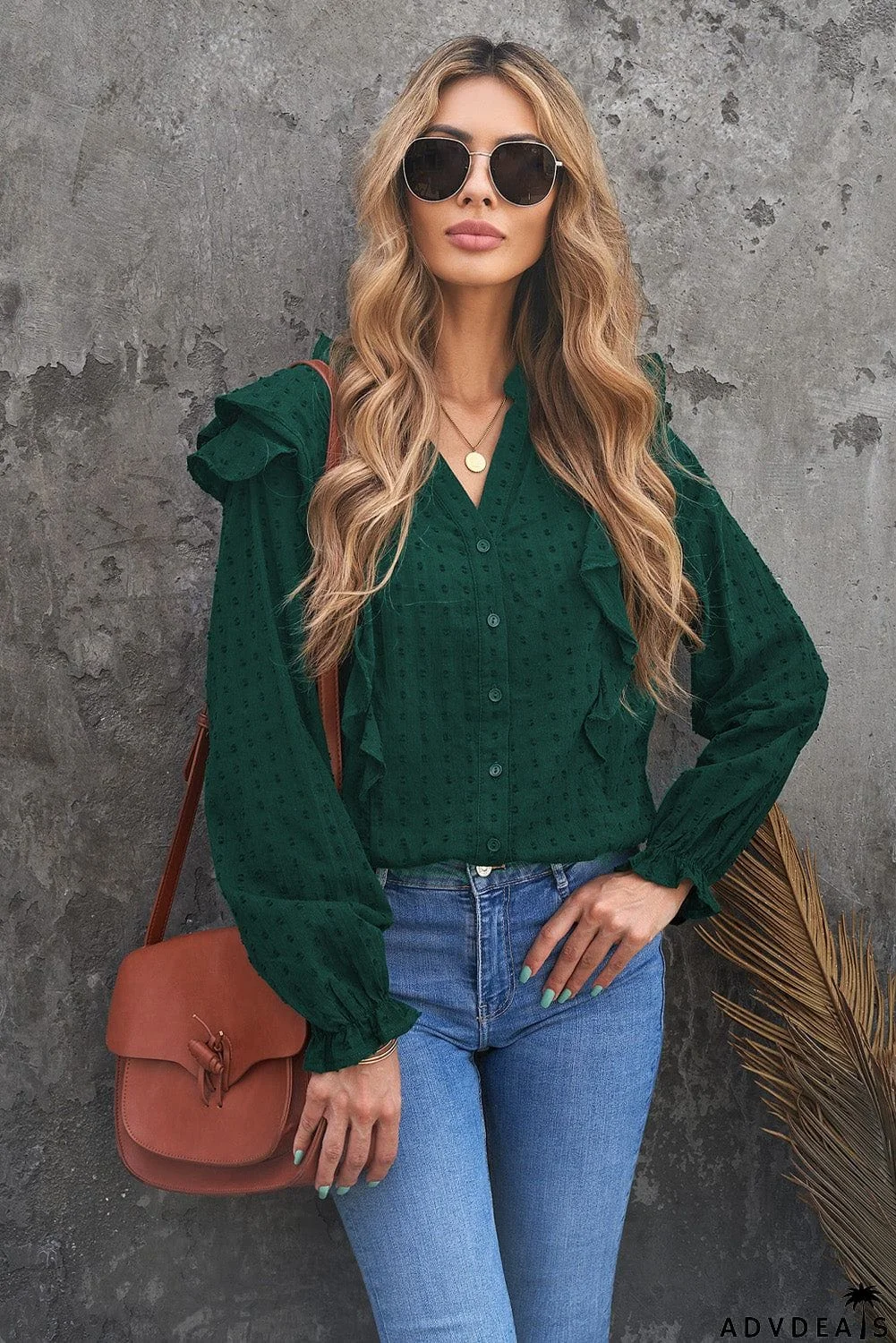 Dotted Texture Sheer Ruffles Bubble Sleeves Shirt