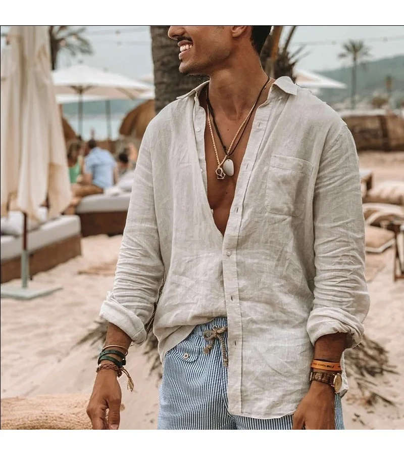 Men Fashion Solid Color Long Sleeve Cotton Linen Shirt M-3XL